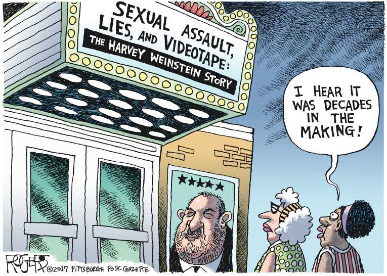 Political/Editorial Cartoon by Rob Rogers, The Pittsburgh Post-Gazette on Weinstein Goes Down