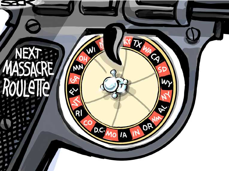 Political/Editorial Cartoon by Steve Sack, Minneapolis Star Tribune on Another Assault Rifle Massacre
