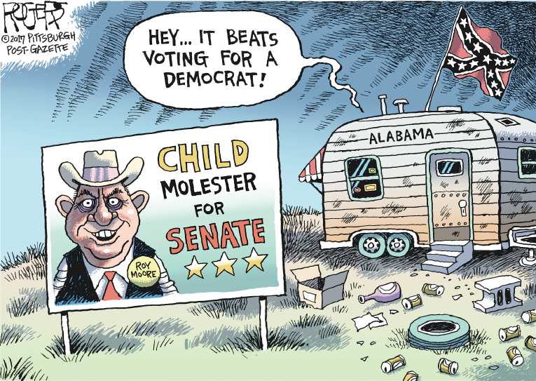 Political/Editorial Cartoon by Rob Rogers, The Pittsburgh Post-Gazette on Moore Praises the Lord