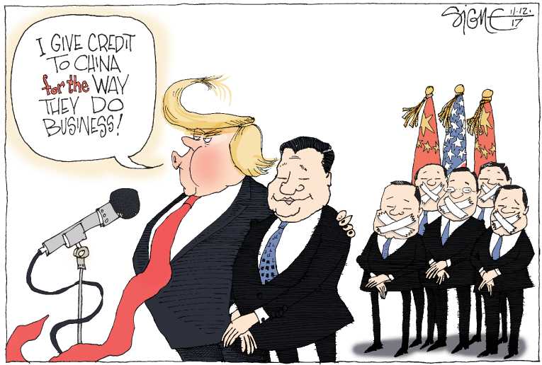 Political/Editorial Cartoon by Signe Wilkinson, Philadelphia Daily News on Trump Tripping