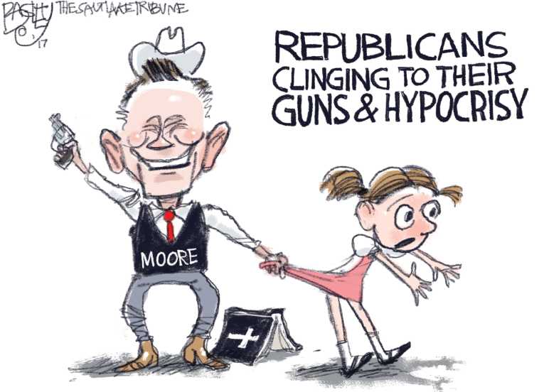 Political/Editorial Cartoon by Pat Bagley, Salt Lake Tribune on Trump Endorses Moore