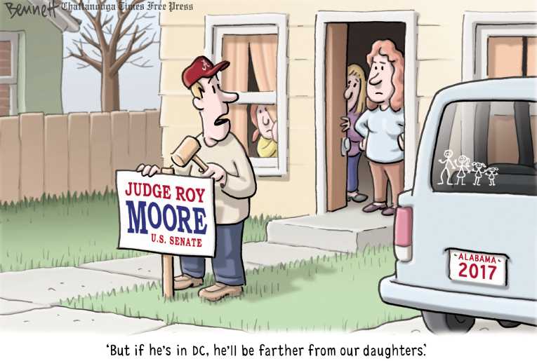 Political/Editorial Cartoon by Clay Bennett, Chattanooga Times Free Press on Trump Endorses Moore