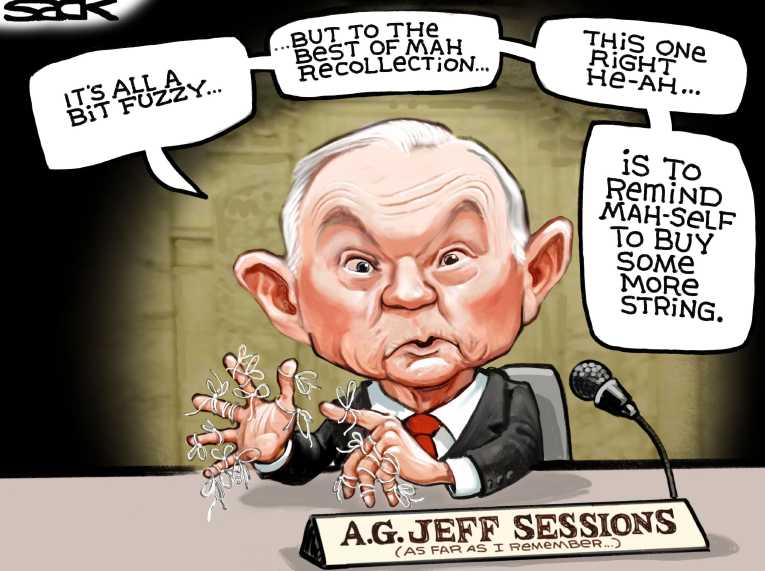 Political/Editorial Cartoon by Steve Sack, Minneapolis Star Tribune on Sessions Testifies While Stoned