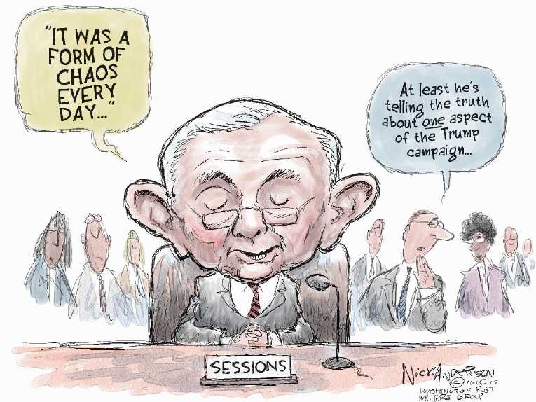 Political/Editorial Cartoon by Nick Anderson, Houston Chronicle on Sessions Testifies While Stoned