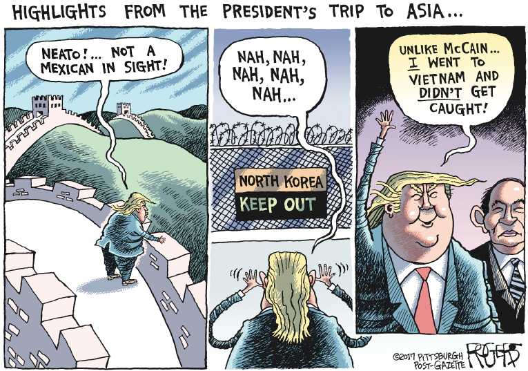 Political/Editorial Cartoon by Rob Rogers, The Pittsburgh Post-Gazette on Trump Returns From Asia Trip