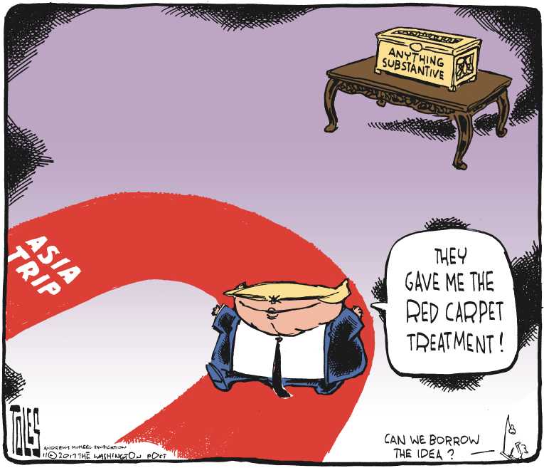 Political/Editorial Cartoon by Tom Toles, Washington Post on Trump Returns From Asia Trip