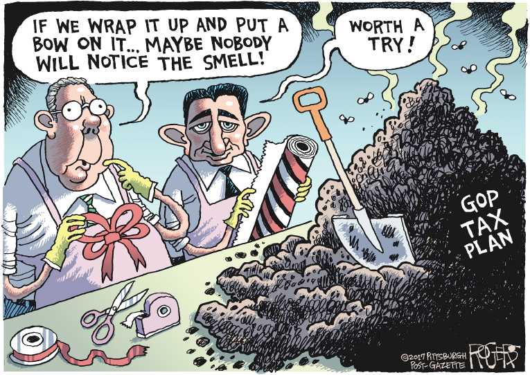 Political/Editorial Cartoon by Rob Rogers, The Pittsburgh Post-Gazette on Senate Passes Tax Bill