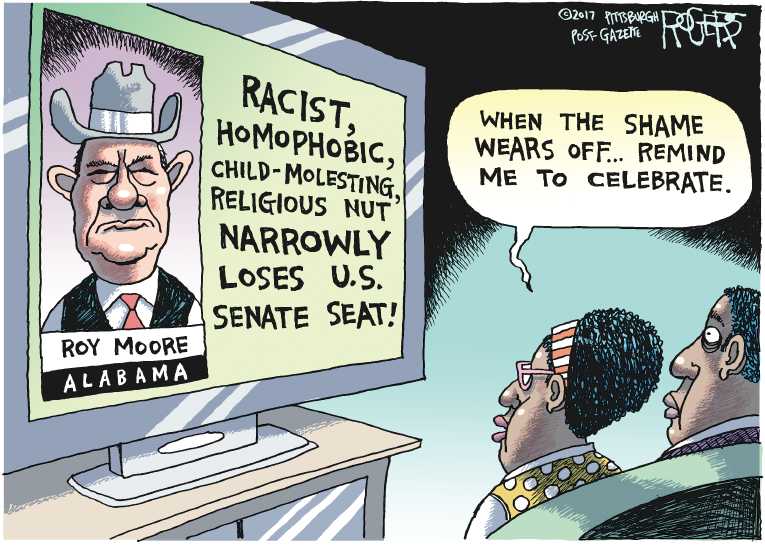 Political/Editorial Cartoon by Rob Rogers, The Pittsburgh Post-Gazette on Moore Refuses to Concede