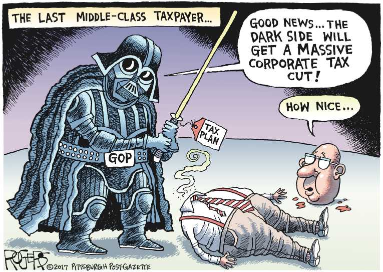 Political/Editorial Cartoon by Rob Rogers, The Pittsburgh Post-Gazette on GOP Rams Through Tax Bill