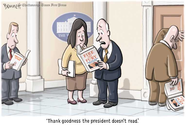 Political/Editorial Cartoon by Clay Bennett, Chattanooga Times Free Press on “Fire and Fury” Enrages Trump