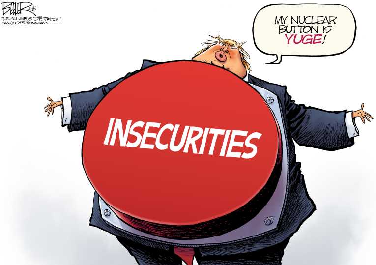 Political/Editorial Cartoon by Nate Beeler, Washington Examiner on Trump Boasts of Bigger Button