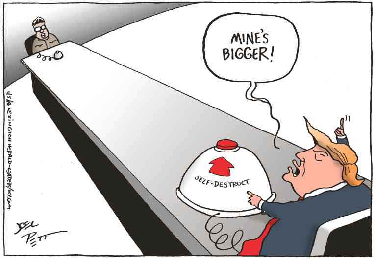 Political/Editorial Cartoon by Joel Pett, Lexington Herald-Leader, CWS/CartoonArts Intl. on Trump Boasts of Bigger Button