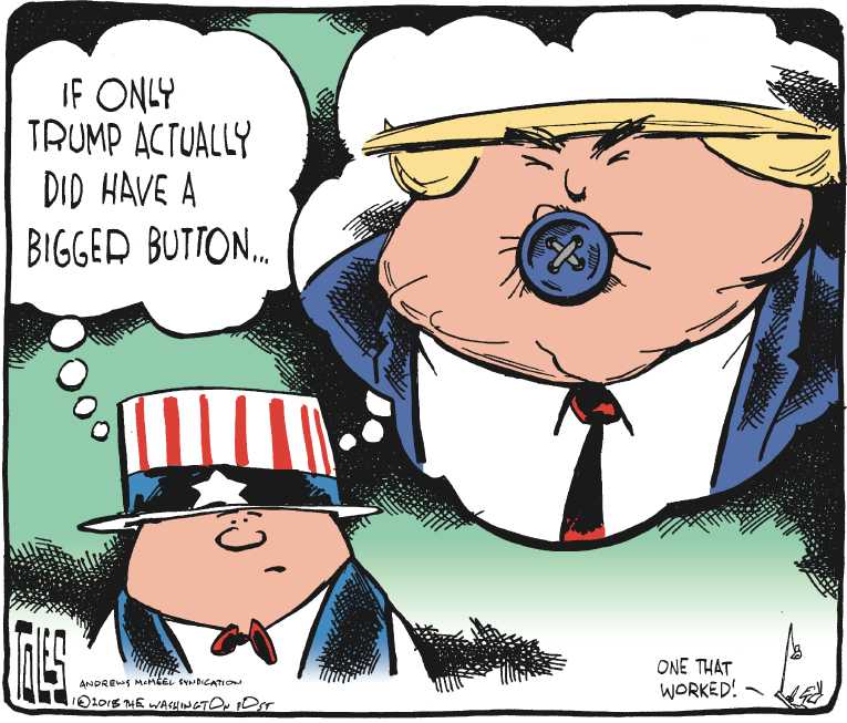Political/Editorial Cartoon by Tom Toles, Washington Post on Trump Boasts of Bigger Button