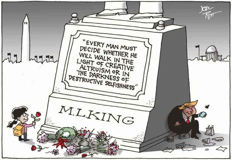 Political/Editorial Cartoon by Joel Pett, Lexington Herald-Leader, CWS/CartoonArts Intl. on Martin Luther King Jr. “Honored”