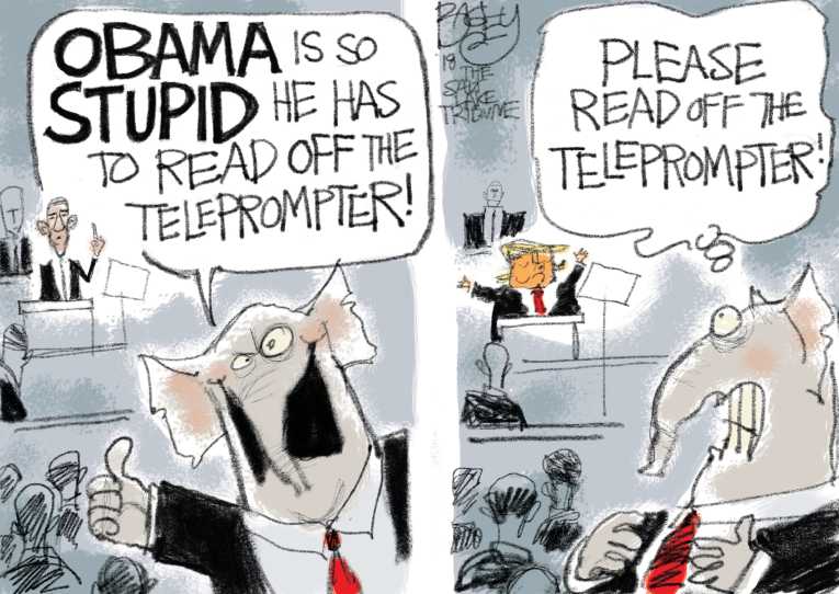Political/Editorial Cartoon by Pat Bagley, Salt Lake Tribune on President Praises Trump