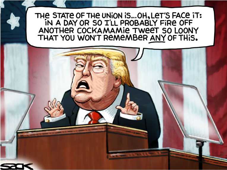Political/Editorial Cartoon by Steve Sack, Minneapolis Star Tribune on President Praises Trump