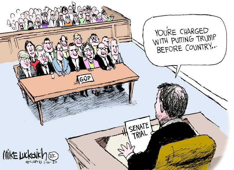 Political/Editorial Cartoon by Mike Luckovich, Atlanta Journal-Constitution on Impeachment Trial Begins