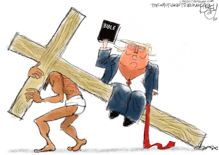 Political/Editorial Cartoon by Pat Bagley, Salt Lake Tribune on President Visits Church