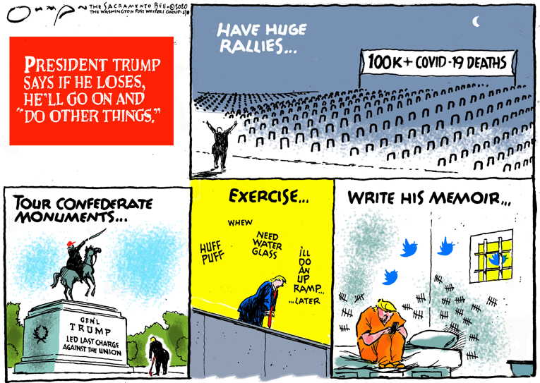 Political/Editorial Cartoon by Jack Ohman, The Oregonian on Trump to Restart Campaign