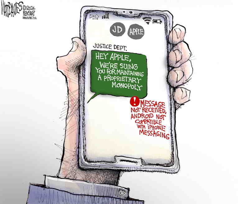 Political/Editorial Cartoon by Matt Davies, Journal News on Feds Target Apple