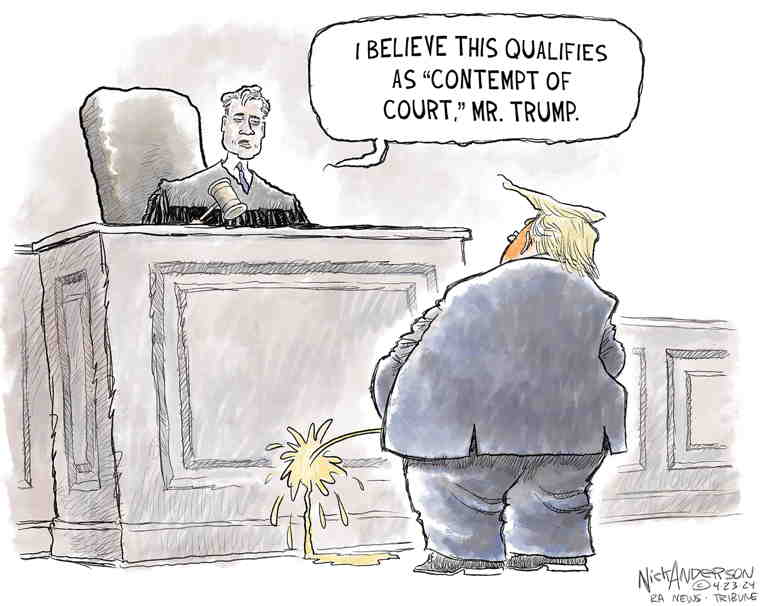 Political/Editorial Cartoon by Nick Anderson, Houston Chronicle on Trump Prosecution Begins