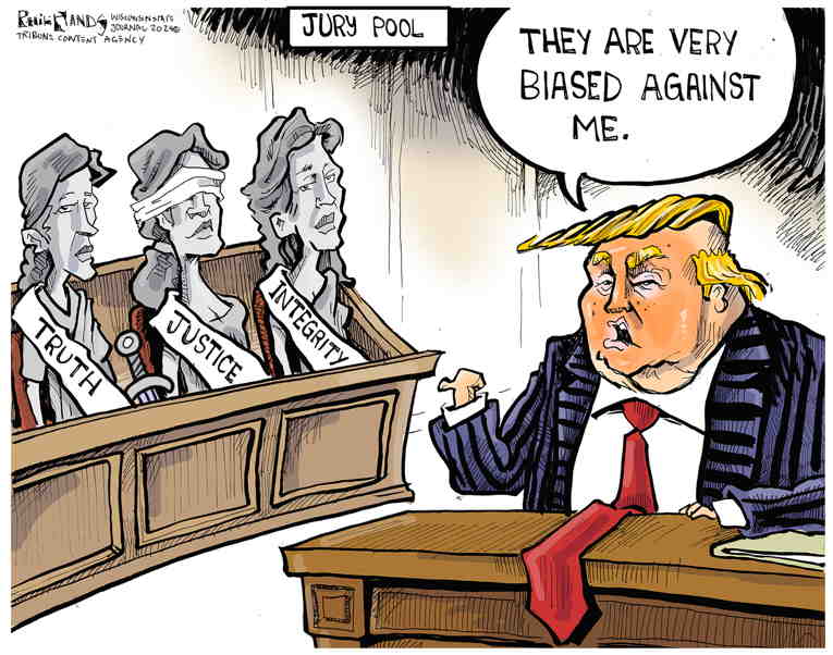 Political/Editorial Cartoon by Phil Hands, Wisconsin State Journal on Trump Prosecution Begins
