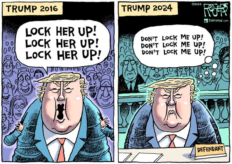 Political/Editorial Cartoon by Rob Rogers on Trump Prosecution Begins
