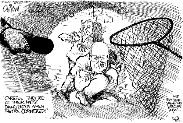 Editorial Cartoon by Pat Oliphant, Universal Press Syndicate on The Man in Charge