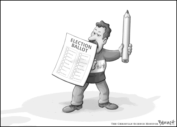 Political cartoon on Iraqi Electioons Mark New Era by Clay Bennett, Christian Science Monitor