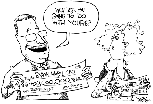 Editorial Cartoon by Signe Wilkinson, Philadelphia Daily News on Record Profits for Exxon
