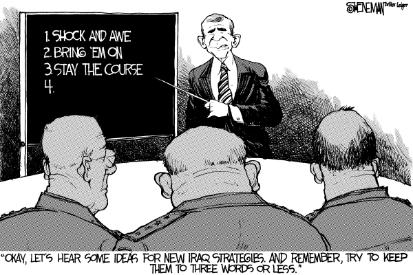 Editorial Cartoon by Drew Sheneman, Newark Star Ledger on Mission Accomplished