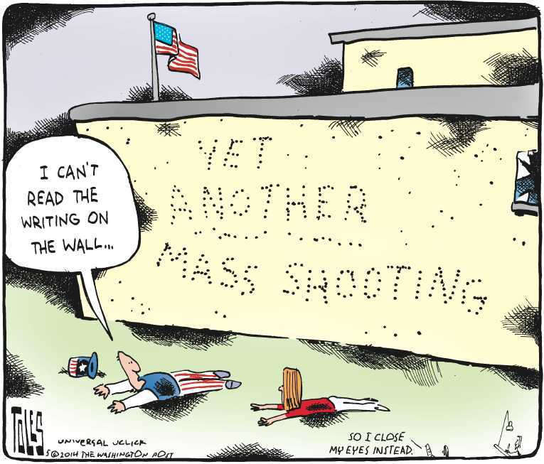 Political/Editorial Cartoon by Tom Toles, Washington Post on Madman Kills 7