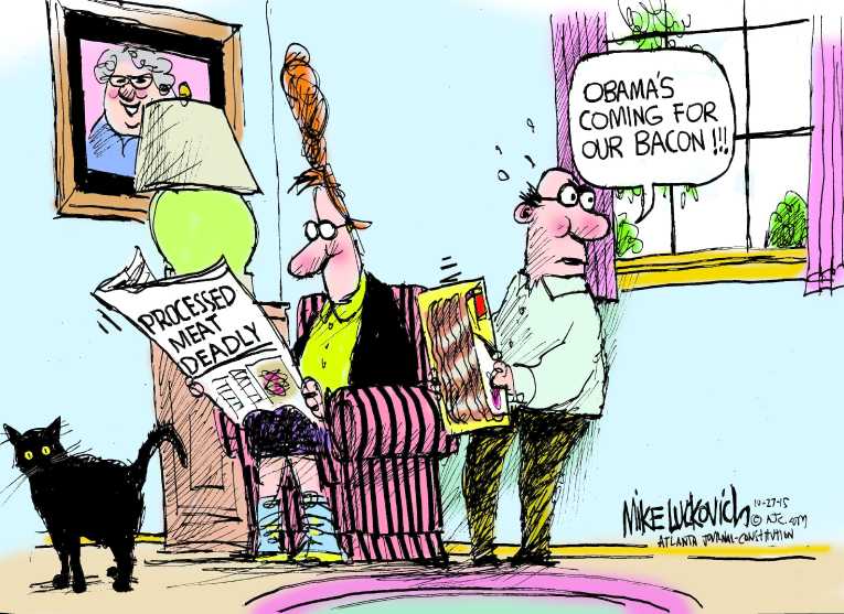 Political/Editorial Cartoon by Mike Luckovich, Atlanta Journal-Constitution on Meats Declared Carcinogenic