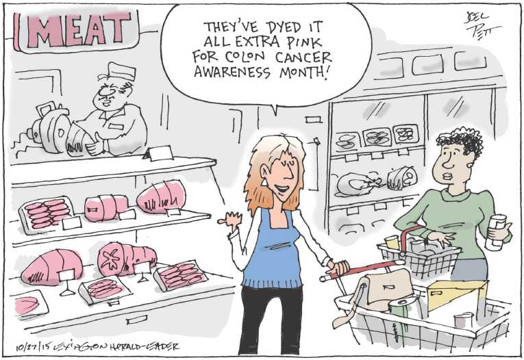 Political/Editorial Cartoon by Joel Pett, Lexington Herald-Leader, CWS/CartoonArts Intl. on Meats Declared Carcinogenic