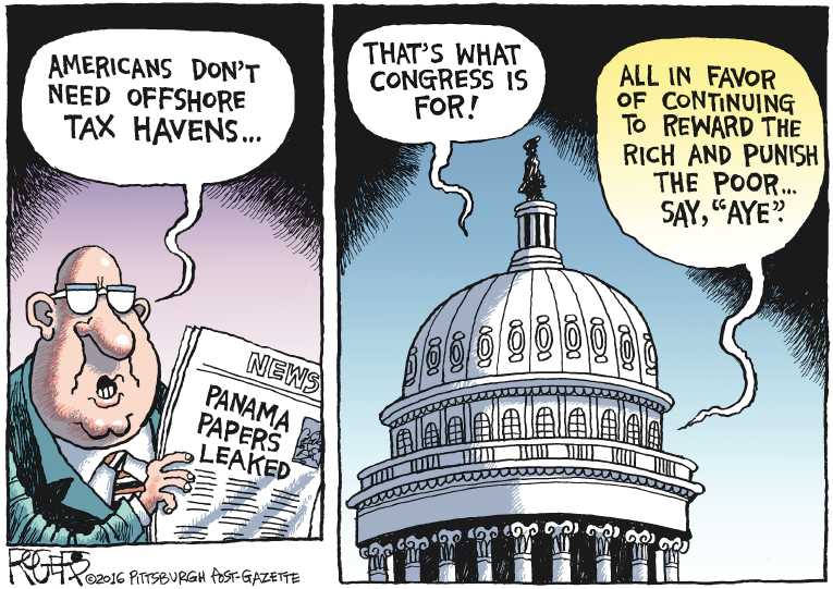 Political/Editorial Cartoon by Rob Rogers, The Pittsburgh Post-Gazette on Americans Hidden in Panama Papers