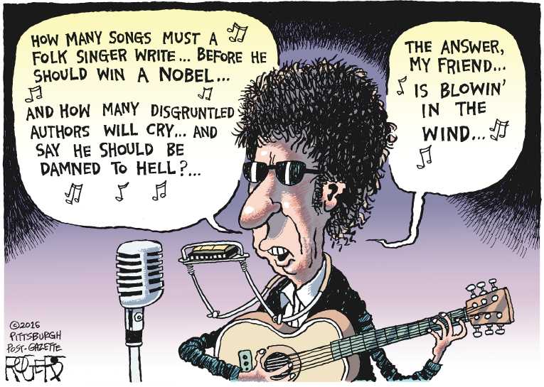 Political/Editorial Cartoon by Rob Rogers, The Pittsburgh Post-Gazette on Bob Dylan Wins Nobel Prize