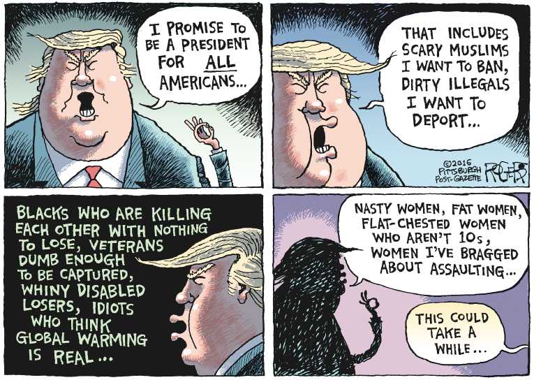 Political/Editorial Cartoon by Rob Rogers, The Pittsburgh Post-Gazette on Trump Win Stuns World