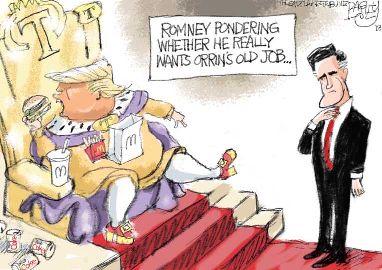 Political/Editorial Cartoon by Pat Bagley, Salt Lake Tribune on Romney Considering Senate Run