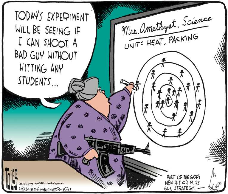 Political/Editorial Cartoon by Tom Toles, Washington Post on Trump Calls for Armed Teachers