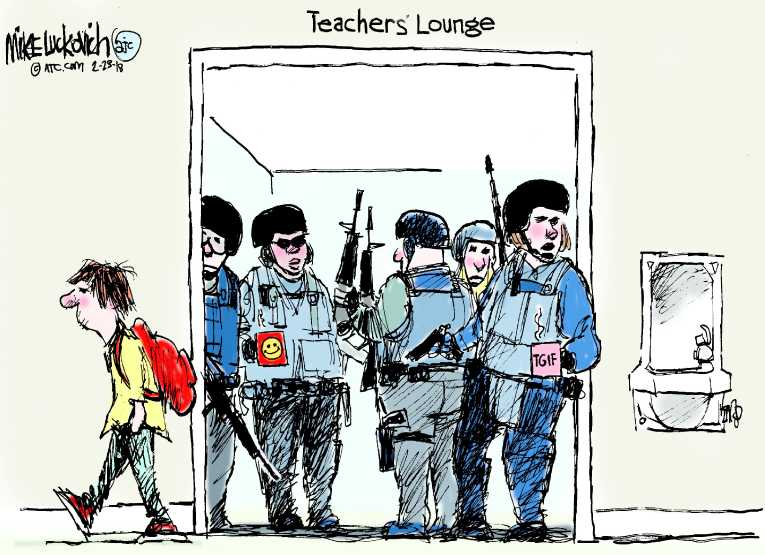 Political/Editorial Cartoon by Mike Luckovich, Atlanta Journal-Constitution on Trump Calls for Armed Teachers