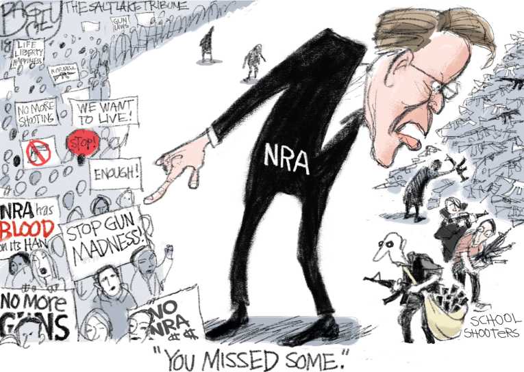 Political/Editorial Cartoon by Pat Bagley, Salt Lake Tribune on Mad Man Seeks More Guns