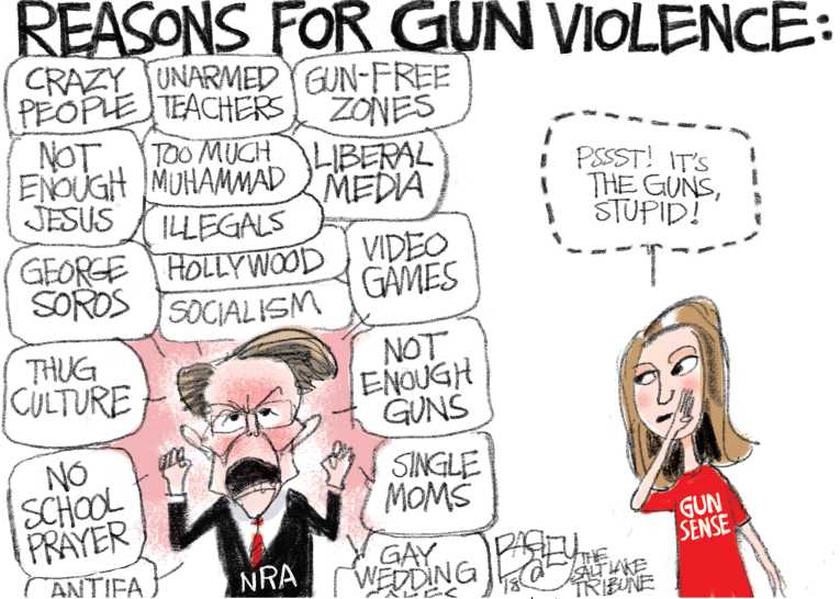 Political/Editorial Cartoon by Pat Bagley, Salt Lake Tribune on Mad Man Seeks More Guns