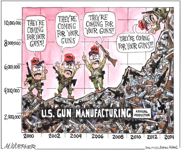 Political/Editorial Cartoon by Matt Wuerker, Politico on Mad Man Seeks More Guns