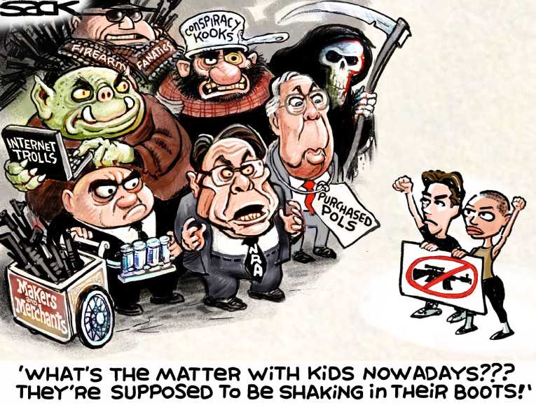 Political/Editorial Cartoon by Steve Sack, Minneapolis Star Tribune on Anti-NRA Protests Sweep Nation