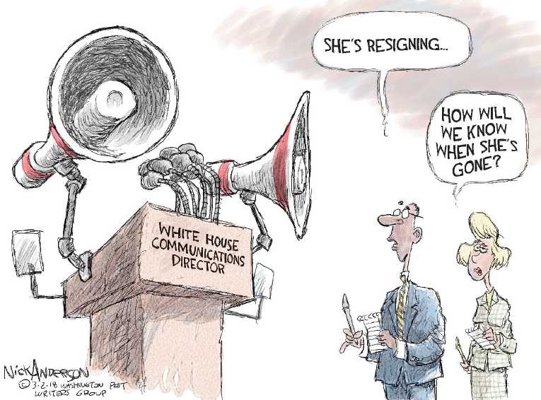 Political/Editorial Cartoon by Nick Anderson, Houston Chronicle on Hope Hicks Steps Down