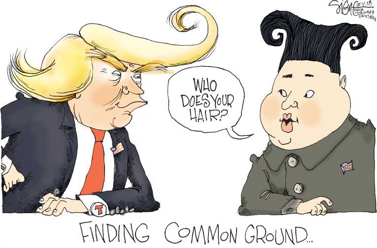 Political/Editorial Cartoon by Signe Wilkinson, Philadelphia Daily News on Kim Meeting on Hold