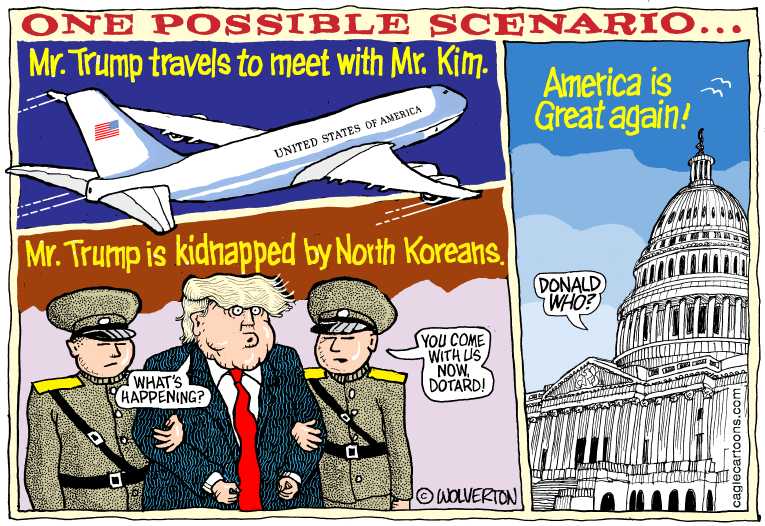 Political/Editorial Cartoon by Monte Wolverton, Cagle Cartoons on Kim Meeting on Hold