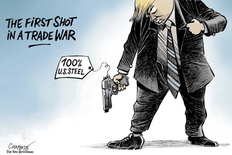 Political/Editorial Cartoon by Patrick Chappatte, International Herald Tribune on Tariff Threat Shocks Market