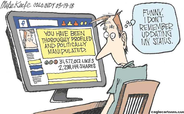 Political/Editorial Cartoon by Mike Keefe, Denver Post on Facebook Suspicions Confirmed