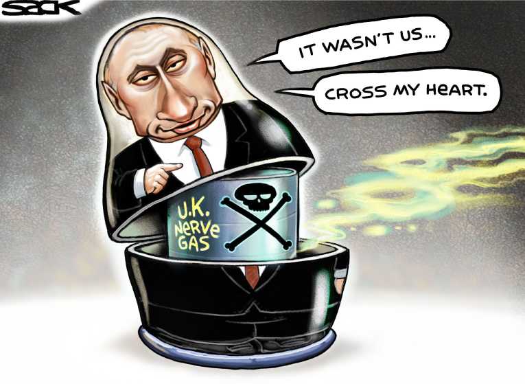 Political/Editorial Cartoon by Steve Sack, Minneapolis Star Tribune on Putin Denies Involvement in Killing